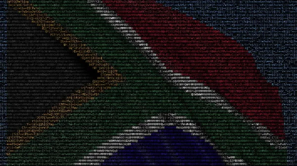 Ondeando la bandera de Sudáfrica hecha de símbolos de texto en una pantalla de computadora. Renderizado 3D conceptual — Foto de Stock