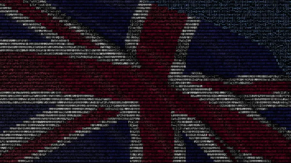 用电脑屏幕上的文字符号在英国挥舞国旗。概念3d 渲染 — 图库照片