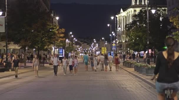 Warszawa, Polen - 4 augusti 2018. Trångt gågata i stadens centrum på natten — Stockvideo