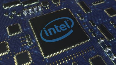 Computer printed circuit board or PCB with Intel Corporation logo. Conceptual editorial 3D rendering clipart