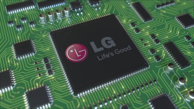 Computer printed circuit board or PCB with LG Corporation logo. Conceptual editorial 3D rendering clipart