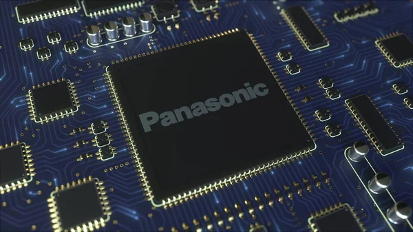 Tarjeta de circuito impreso por computadora o PCB con el logotipo de Panasonic Corporation. Conceptual editorial 3D rendering — Foto de Stock
