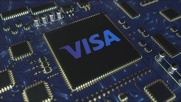 Carte de circuit imprimé informatique ou carte PCB avec logo Visa Inc. Éditorial conceptuel rendu 3D — Photo