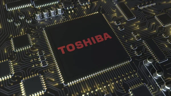 Placa de circuito impreso por computadora o PCB con logotipo de Toshiba Corporation. Conceptual editorial 3D rendering — Foto de Stock