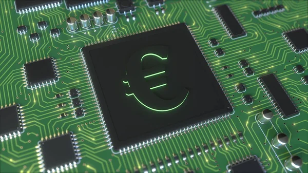 Assinatura de euro em um chipset. Renderização 3D conceitual — Fotografia de Stock