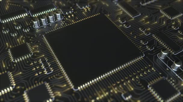 Chip preto em uma placa de circuito conceitual loopable animação 3D — Vídeo de Stock