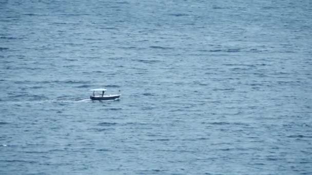 Malý motorový člun pohybující se na moři — Stock video