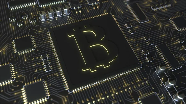 Betriebschipsatz mit Bitcoin-Symbol. 3D-Darstellung — Stockfoto