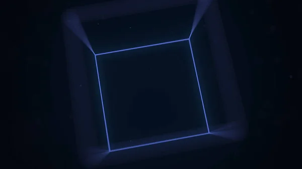 Cubo luminescente azul. Computadores gráficos relacionados com renderização 3D — Fotografia de Stock