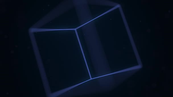 Синій люмінесцентний куб обертається. Фони руху, пов'язані з комп'ютерною графікою — стокове відео