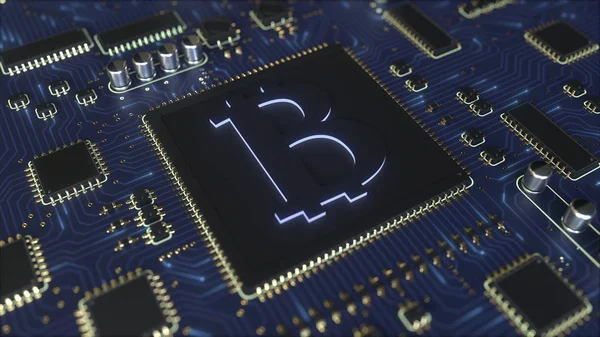Operating chipset with bitcoin symbol. Mining related conceptual 3D rendering — Stock Photo, Image