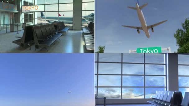 Perjalanan ke Tokyo. Pesawat tiba di animasi montase konseptual Jepang. — Stok Video