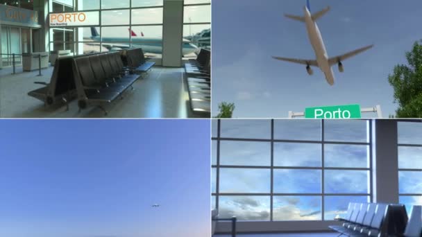 Resa till Porto. Flygplan anländer till Portugal konceptuella montage animation — Stockvideo