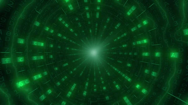 Terowongan hijau atau kabel yang terbuat dari kode komputer heksadesimal. Perender 3D — Stok Foto