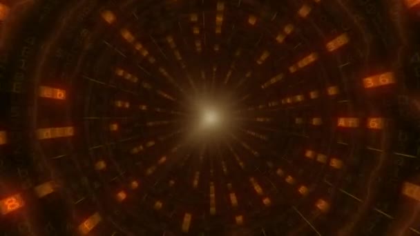 Die Kamera bewegt sich durch einen orangefarbenen Tunnel aus Computercode. Lückenhafte Animation — Stockvideo