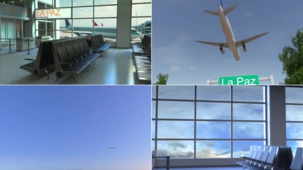 Reis naar La Paz. Vliegtuig arriveert aan Bolivia conceptuele montage animatie — Stockvideo