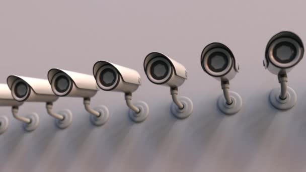 Lijn van bewakingscamera's op de muur. Openbare veiligheid gerelateerde loopbare conceptuele 3d animatie — Stockvideo