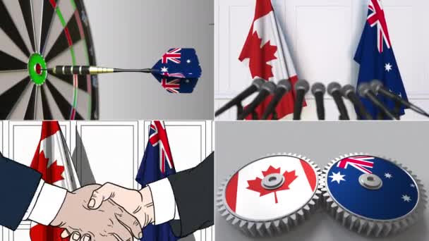 Canadá e Austrália cooperação. Montagem de animação conceitual — Vídeo de Stock