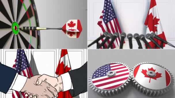 Egyesült Államok és Kanada együttműködés. Fogalmi animáció montázs — Stock videók