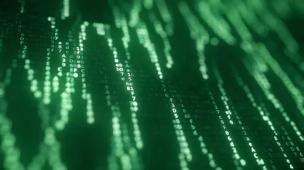 Grün leuchtende Code-Strings auf dem Bildschirm. Computerbezogenes 3D-Rendering — Stockfoto