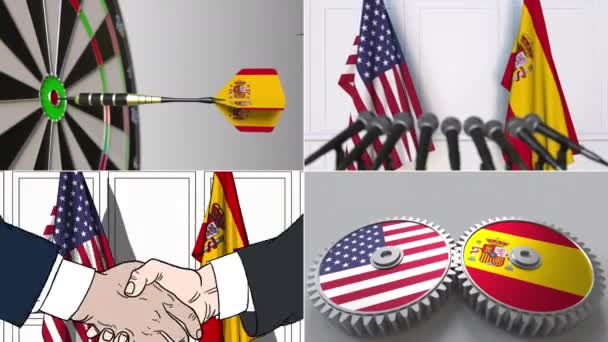 USA och Spanien samarbete. Konceptuella animation montage — Stockvideo