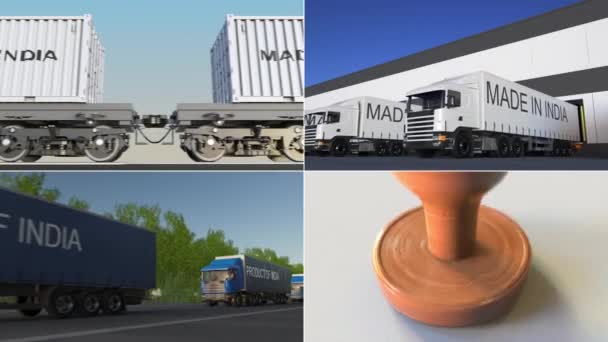 Gemaakt in India. Exporteren of importeren van conceptuele montage animatie — Stockvideo