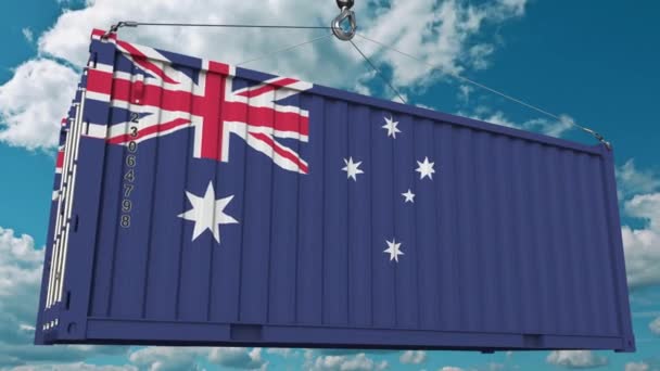 Contenedor de carga con bandera de Australia. Animación 3D conceptual relacionada con la importación o exportación de Australia — Vídeo de stock
