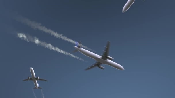 Flygande flygplan avslöjar Nagoya bildtext. Resor till Japan konceptuell intro animation — Stockvideo