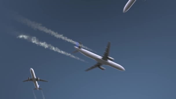 飛んでいる飛行機は、深センのキャプションを明らかにします。中国の概念のイントロのアニメーションへの旅 — ストック動画