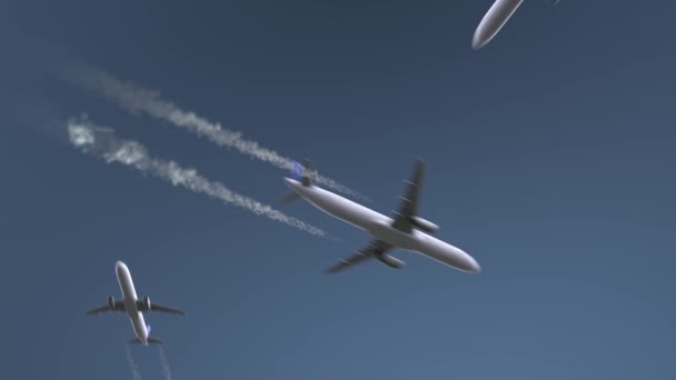 Flygande flygplan avslöjar Beijing bildtext. Resor till Kina konceptuell intro animation — Stockvideo