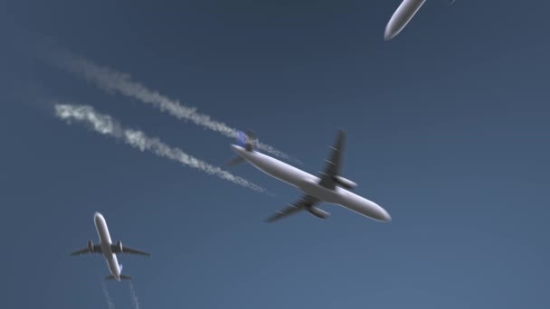 Летающие самолеты показывают заголовок Боготы. Путешествие в Колумбию концептуальная вступительная анимация — стоковое видео