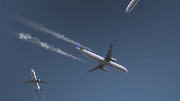 Flying airplanes reveal Delhi caption. Traveling to India conceptual intro animation — Stock Video