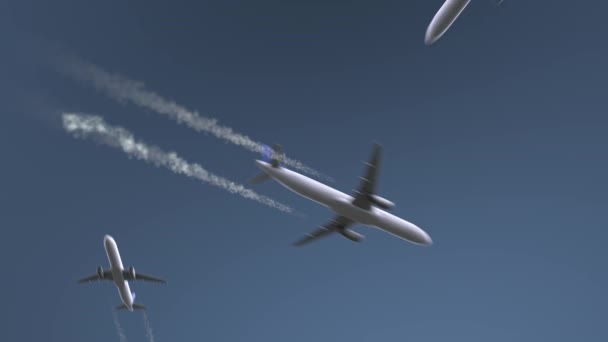 Letící letadla odhalují Dhaka titulek. Cestování do Bangladéše koncepční úvodní animaci — Stock video