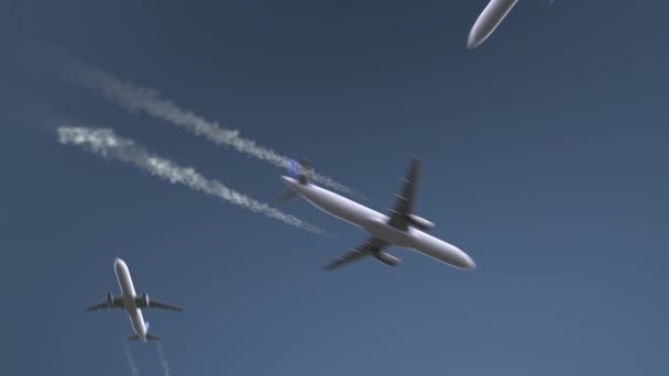 飞行飞机显示德黑兰的标题。前往伊朗概念介绍动画 — 图库视频影像