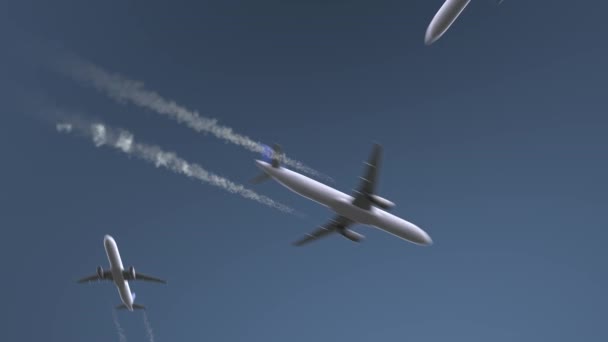 Αεροπλάνα που πετούν αποκαλύπτουν Χονγκ Κονγκ λεζάντα. Ταξιδεύουν στην Κίνα εννοιολογικός κινούμενα σχέδια — Αρχείο Βίντεο