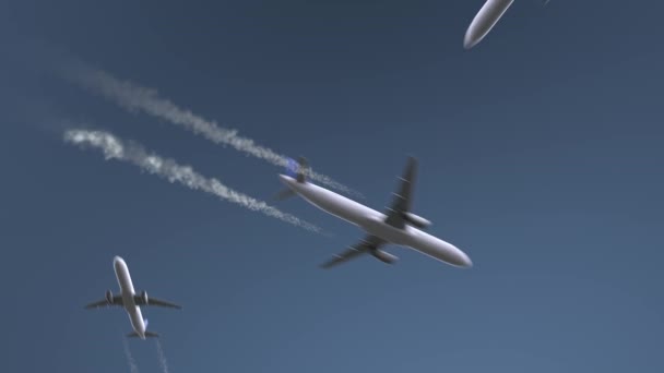 Flygande flygplan avslöjar Bagdad bildtext. Resor till Irak konceptuell intro animation — Stockvideo