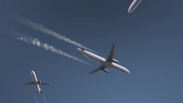 飞行飞机显示达累斯萨拉姆标题。去坦桑尼亚旅游概念介绍动画 — 图库视频影像