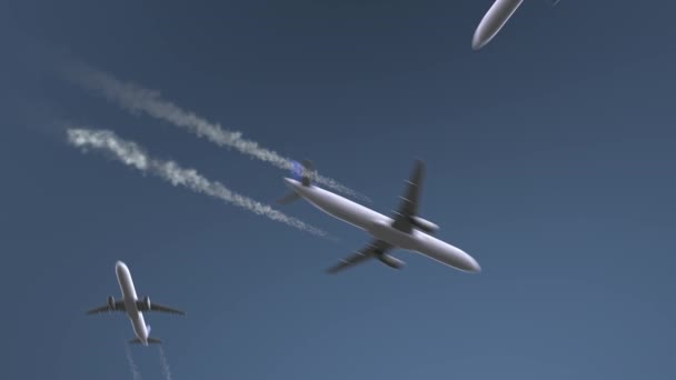 飛んでいる飛行機は、デトロイトのキャプションを明らかにします。アメリカ合衆国の概念的なイントロのアニメーションへの旅 — ストック動画