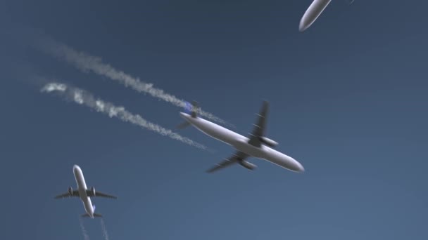 飛んでいる飛行機は、グアダラハラ キャプションを明らかにします。メキシコの概念的なイントロのアニメーションへの旅 — ストック動画