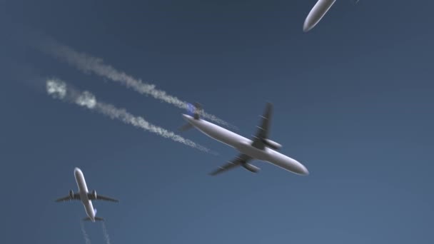 Flying airplanes reveal Kano caption. Traveling to Nigeria conceptual intro animation — Stock Video