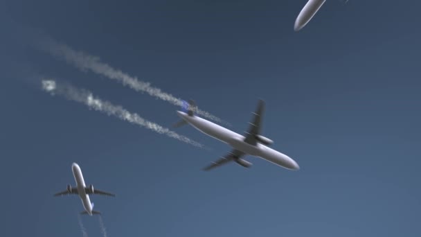 飞行飞机显示罗安达的标题。前往安哥拉旅游概念介绍动画 — 图库视频影像