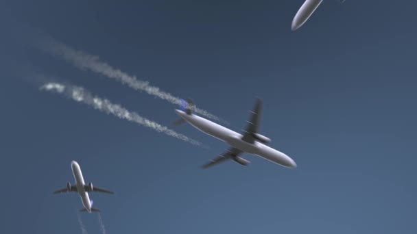 Flying airplanes reveal Singapore caption. Traveling conceptual intro animation — Stock Video