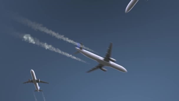 Aviones voladores revelan la leyenda de Alepo. Viajar a Siria animación de introducción conceptual — Vídeo de stock