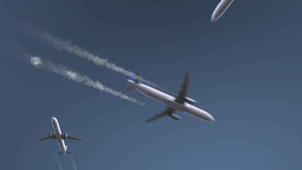 飛んでいる飛行機は、ルサカ キャプションを明らかにします。ザンビアの概念的なイントロのアニメーションへの旅 — ストック動画