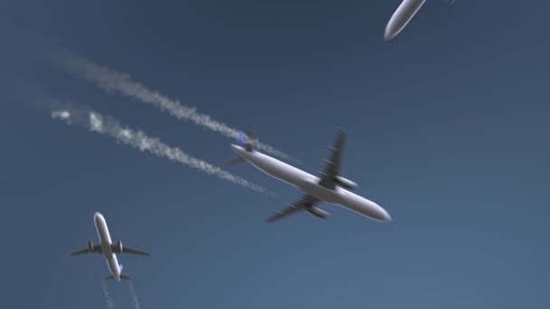 Letící letadla odhalují Nanchang titulek. Cestování do Číny koncepční úvodní animaci — Stock video