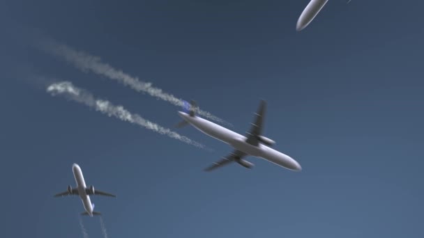 Летающие самолёты показывают заголовок Каракаса. Путешествие в Венесуэлу концептуальная вступительная анимация — стоковое видео