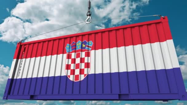Грузовой контейнер с флагом Хорватии. Концептуальная 3D анимация, связанная с импортом или экспортом из Хорватии — стоковое видео