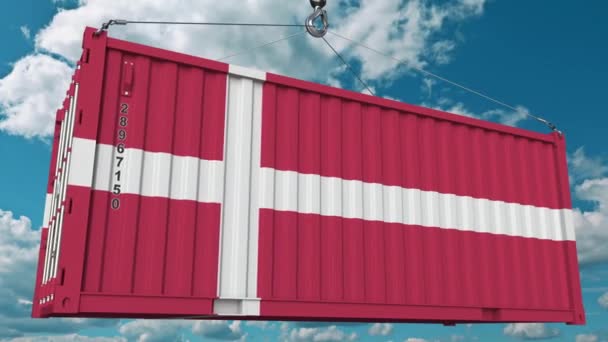 Cargo container with flag of Denmark. Danish import or export related conceptual 3D animation — Stock Video