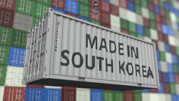 Container with MADE IN SOUTH KOREA caption. Korean import or export related loopable animation — Stock Video