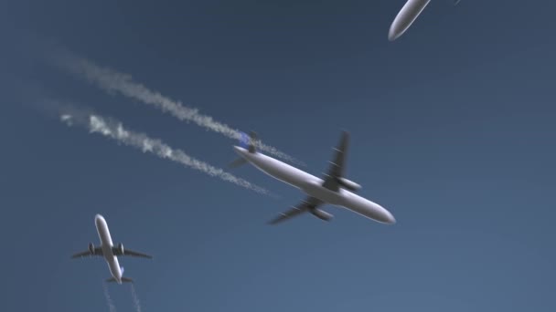 Letící letadla odhalují Antananarivo titulek. Cestuje na Madagaskar koncepční úvodní animaci — Stock video